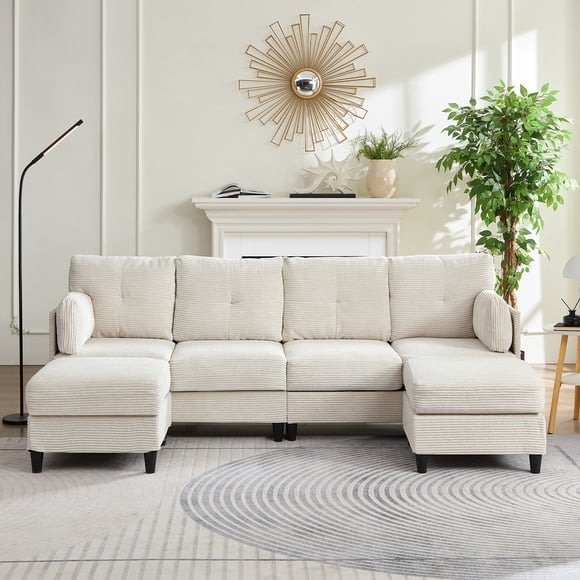 Mjkone 4-seater U Shaped Sectional Sofa, Corduroy Sectional Couch with Chaise, Modern Modular Couches and Sofas for Living Room-Beige