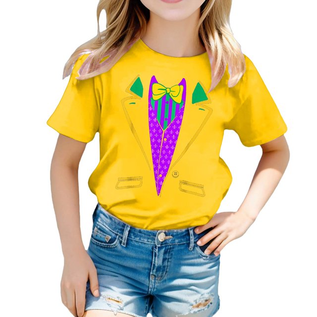 AJIWYH Chemise Orange Fille, Chemise Décontractée Imprimée à Col Rond à Manches Courtes pour Fille T-Shirt Chemise Décontractée, Uniformes Scolaires pour Filles pour 5-6 Ans, Jaune