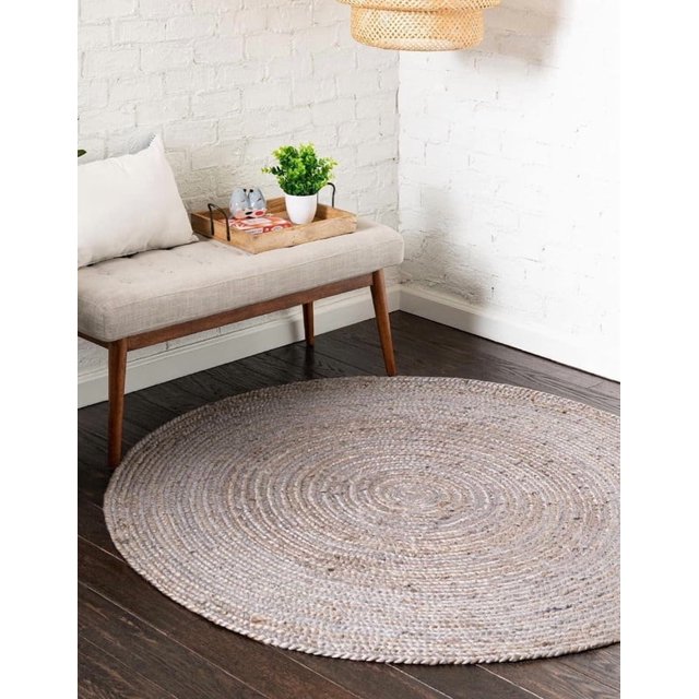 Aizza Trends 10 Ft Round Gray Jute Area Rug, Boho Chic Natural Jute Area Rug - Hand-Braided, Rustic Farmhouse Decor for Living Room Carpet,