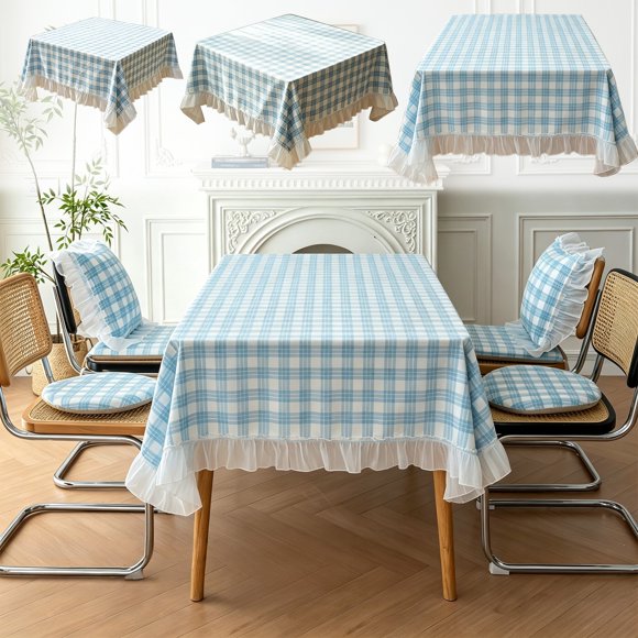 Tusihei 3Pcs Blue Gingham Tablecloth, Ruffle Waterproof Dining Table Cover, Vintage Blue and White Plaid Tablecloth with Lace for Kitchen Dining Farmhouse Table Decor