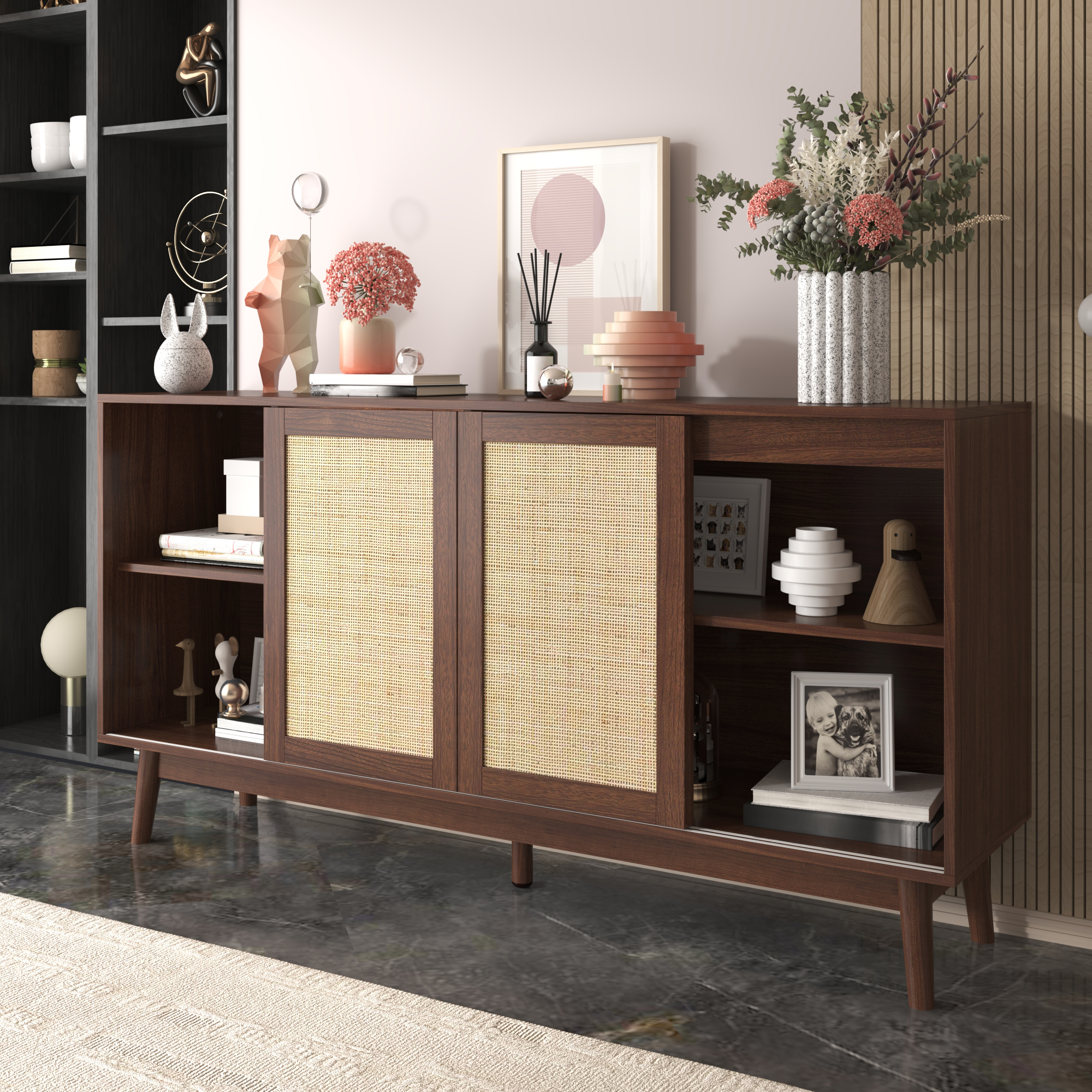 Noble House Buffet 61 Pouces avec Portes Coulissantes en Rotin Véritable et 2 Tiroirs, Armoire de Rangement Respirante et Robuste, Bois de Noyer