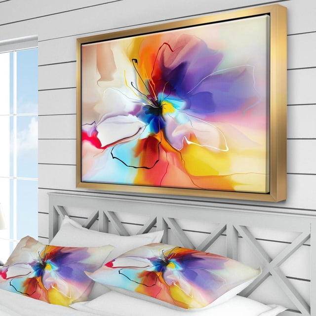 Designart Fleur Créative en Plusieurs Couleurs, Cadre Flottant ART Mural Mettant en Vedette une Fleur Impressionniste Abstraite aux Tons Vifs de Violet, Jaune, Rouge, Bleu et orange Imprimée sur Toile de Coton de Qualité Supérieure, Enveloppée et Tendue sur un sous-Cadre en Bois de 1 Po avec un Cadre Flottant Doré, Exposée au-Dessus d'Un Lit Blanc avec des Coussins Floraux Assortis dans une Chambre Moderne Lumineuse, Idéale pour Ajouter un style Contemporain à la Déco de la Maison.