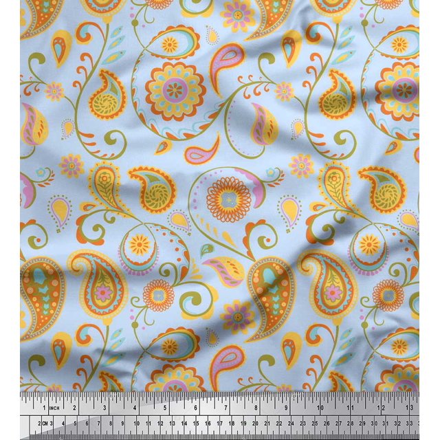 Soimoi Blue polyester Crepe Fabric Mandala & Paisley Printed Craft Fabric by the Yard 42 Inch Wide