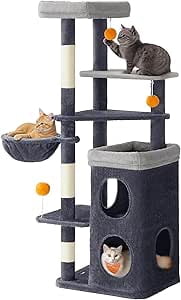 Feandrea Tall Cat Tree Tower, Multiple-Level Cat Condo with 2 Caves, 3 Scratching Posts, 3 Perches, Dark Gray