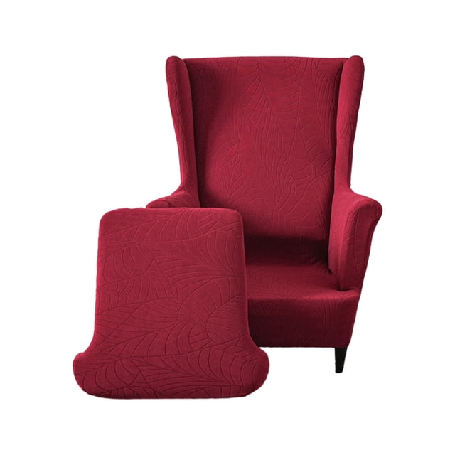 Transemion Refresh Look Of Wingback Chair Stylish And Practical Covers Made With Polyester Wing Chair Cover Winered. A stretch spandex wingback chair cover in a deep wine red color with a subtle leaf pattern, designed to fit most standard-sized wingback chairs. Made from durable polyester, it offers a snug, wrinkle-free fit and includes a back cover and cushion cover. Ideal for enhancing home decor while providing comfort and protection.