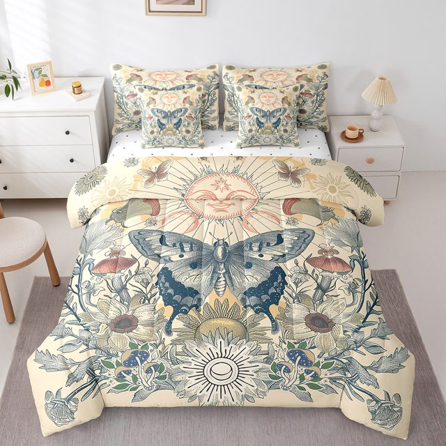 YST Chic Butterfly Full Comforter Set, 7-Piece Sun and Moon Print Bedding Set, Full. This bedding set features a whimsical butterfly and celestial sun and moon design in a playful cartoon style. It includes a comforter, flat sheet, fitted sheet, two pillowcases, and two throw pillow covers, all in coordinating patterns. The set is displayed in a bright, minimalist bedroom with a white dresser and a small lamp, highlighting its cozy and stylish appeal.