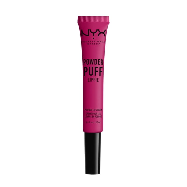NYX Professional Makeup Powder Puff Lippie Lip Cream in Groupie Love, a hot pink lip cream with a lightweight formula that sets to a powdery matte finish. The tube features a soft cushion applicator for smooth application, shown in a vibrant pink and black design.