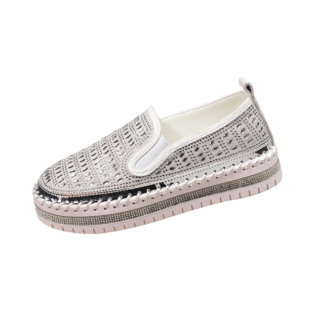 Silver Flats Shoes For Ladies Solid Rhinestone Round Toe Slip On Shallow Thick Sole Loafers Comfortable For Everyday Style And Easy Slip On Design Size 40