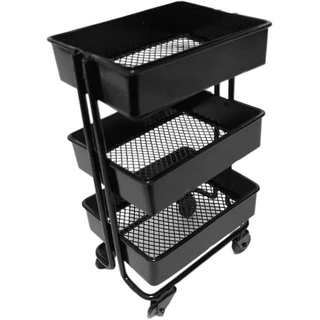 Solution de Rangement Polyvalente, Chariot Utilitaire à Étages en Treillis avec construction Métallique Solide et Robuste, Doté de Trois Tablettes en Treillis Noires, de Roues Verrouillables et d'Un design compact pour une Utilisation Optimale de l'Espace à la Maison Ou au Bureau. Idéal comme Chariot Roulant pour un Rangement portable. Dimensions : 13.5x7.4x9.8 cm (5.31x2.91x3.86 Pouces).