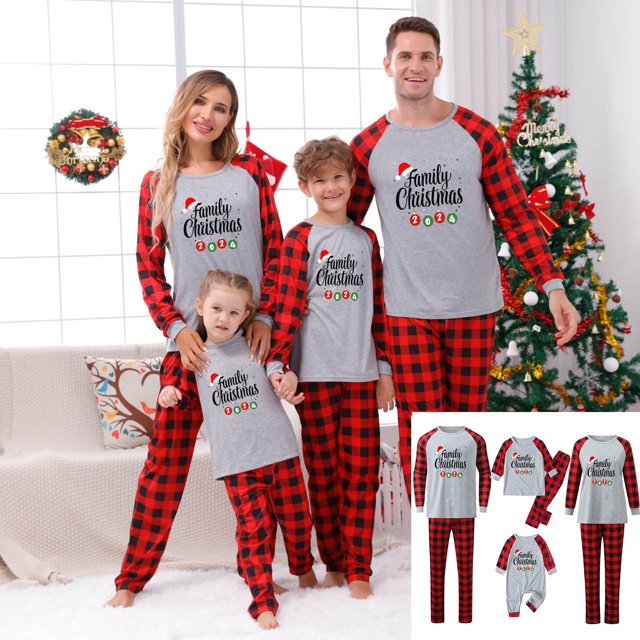 TIMIFIS Matching Noël Pajamas pour Famille Hommes Xmas Vacances Col Rond Manches Longues Haut et Pantalon Long à Carreaux Rouges Tenue d'Intérieur Ensemble de Noël Pajamas Assorti pour Famille