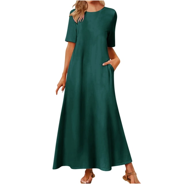 AherBiu Robe pour Femmes Décontractée à Col Rond, Robe Maxi Fluide à Manches Courtes, Robe Longue Ample avec Poches