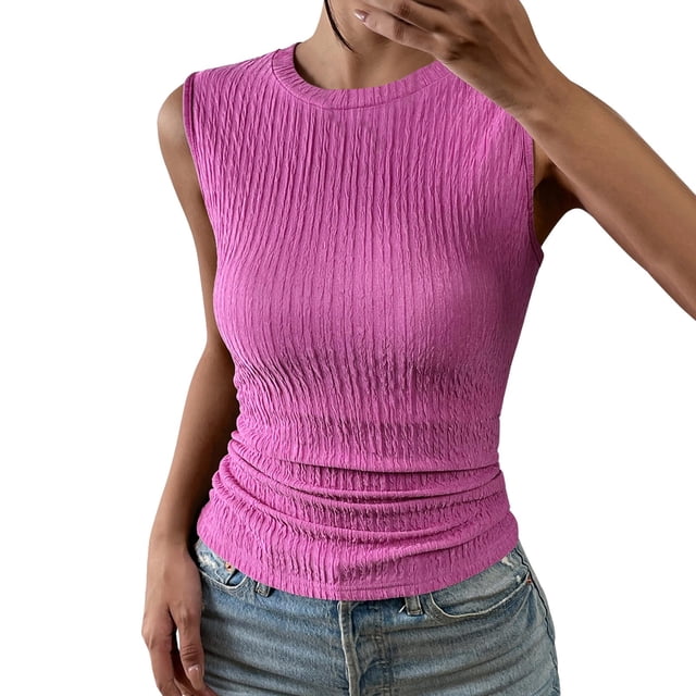 HNMKIU Débardeur Femme Mode Décontracté Sans Manches Haut Tricoté Débardeur Col Rond