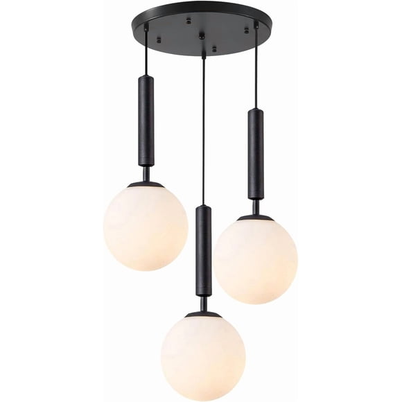 KCO Lighting 3 Light Globe Cluster Pendant Light, Modern Large Milk Glass Chandelier, Mid Century Black Pendant Lighting