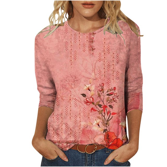 Pompotops T-shirt Ample Imprimé pour Femme Blouse à Manches 3/4 Col Rond Hauts Décontractés Liquidation