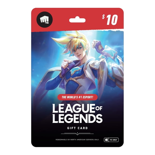 Riot League of Legends Carte-Cadeau à code Numérique de 10 $ Mettant en Vedette un champion Blond en Armure Bleue et Blanche avec des Effets Lumineux sur un Fond Cosmique Bleu, Échangeable sur les Serveurs PC Nord-Américains pour du Contenu en Jeu.