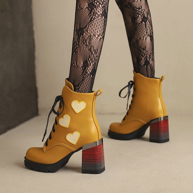 LSLJS High Bottines à Talons Hauts pour Femmes, Bottines à Talons Hauts Épaisses pour Femmes Heel à Plateforme à Lacets pour Étudiantes, Bottines et Bottillons pour Femmes