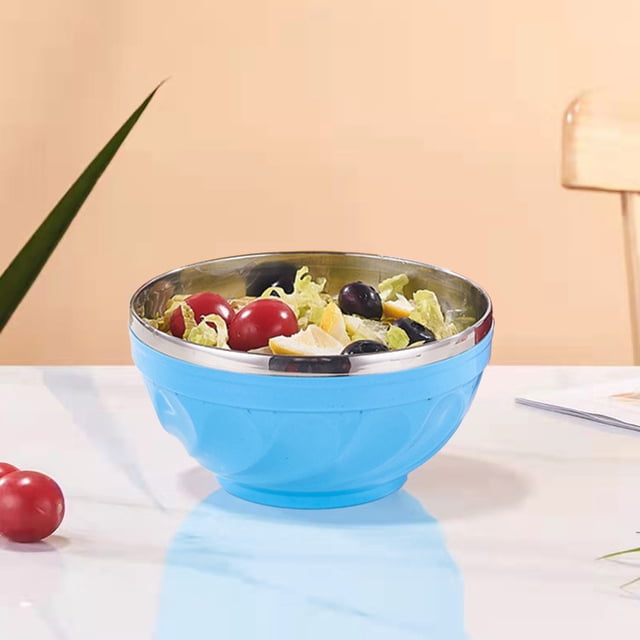 Bol Isolé en Acier Inoxydable à Double Couche / Bol Durable pour Soupe Riz Salade / Sécuritaire pour les Aliments Nettoyage Facile / Extérieur en PP Coloré / 16,2x8,5 cm / Rétention de Température / 1 Pce Cuisine Salle à Manger
