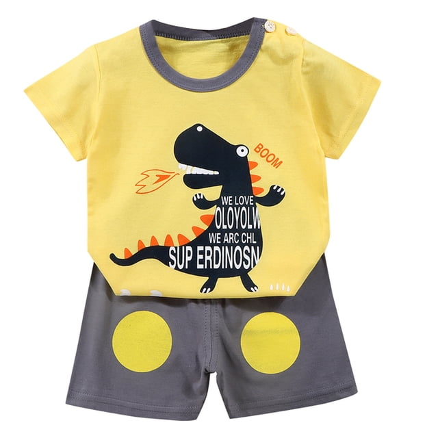 Girls Spring Outfits Summer Short Sleeved T Shirt Set Shorts Two Piece Set Baby Boy Clothes Gold 3-4 Years