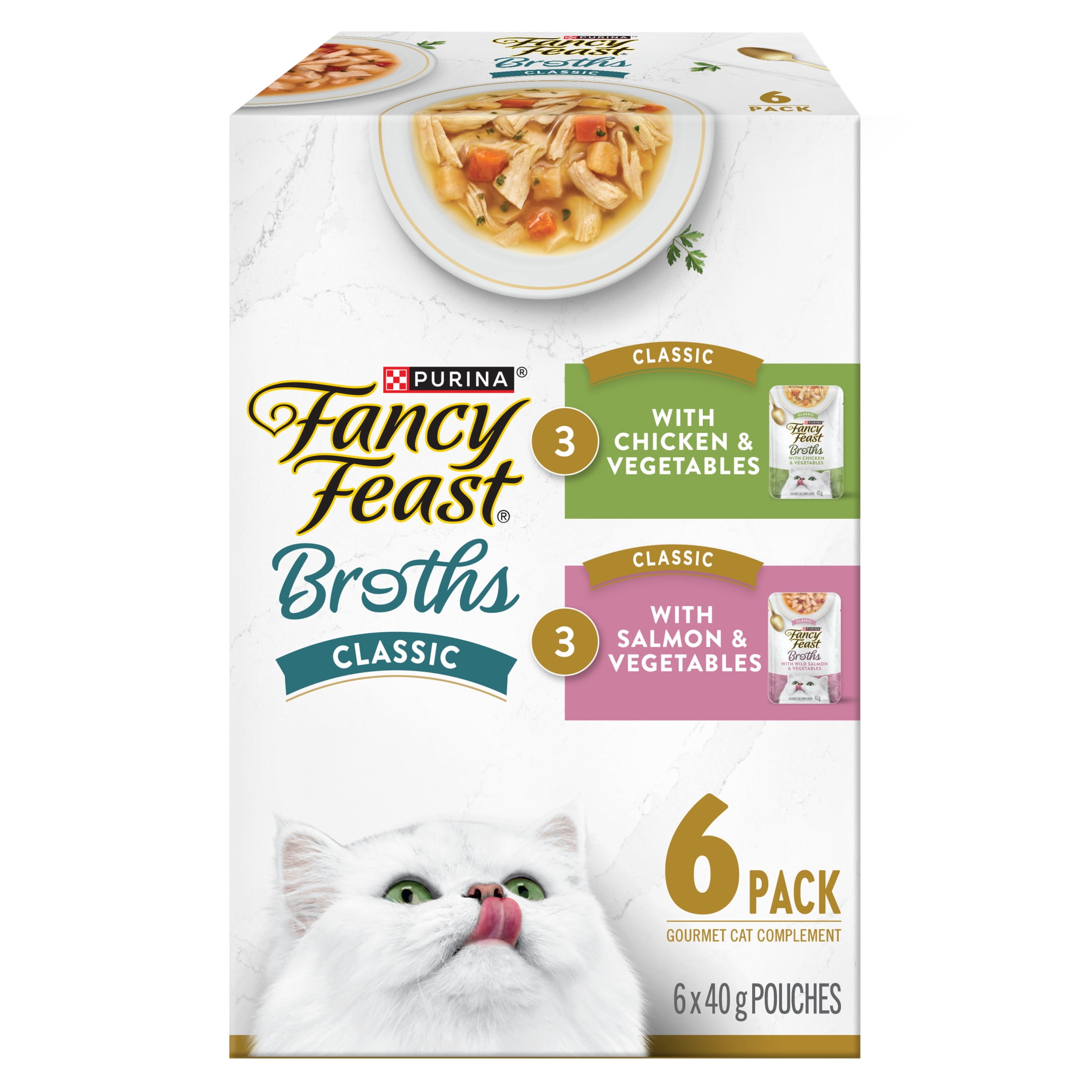 Purina Fancy Feast Broths Classic Chicken & Salmon Collection 6C Variety pack, Cat Treats, 40g x 6