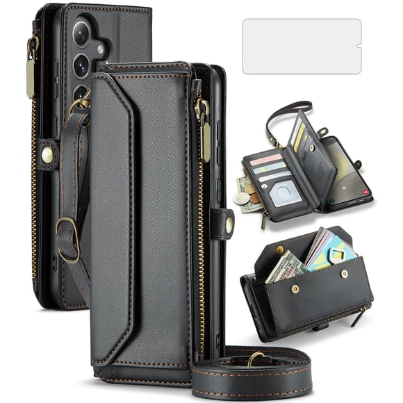 Asuwish Compatible with Samsung Galaxy S24 5G Zipper Wallet Phone Case Tempered Glass Screen Protector Crossbody Lanyard Strap Flip Card Holder Slot Cell Cover for S 24 24S G5 SM-S931U Women Black