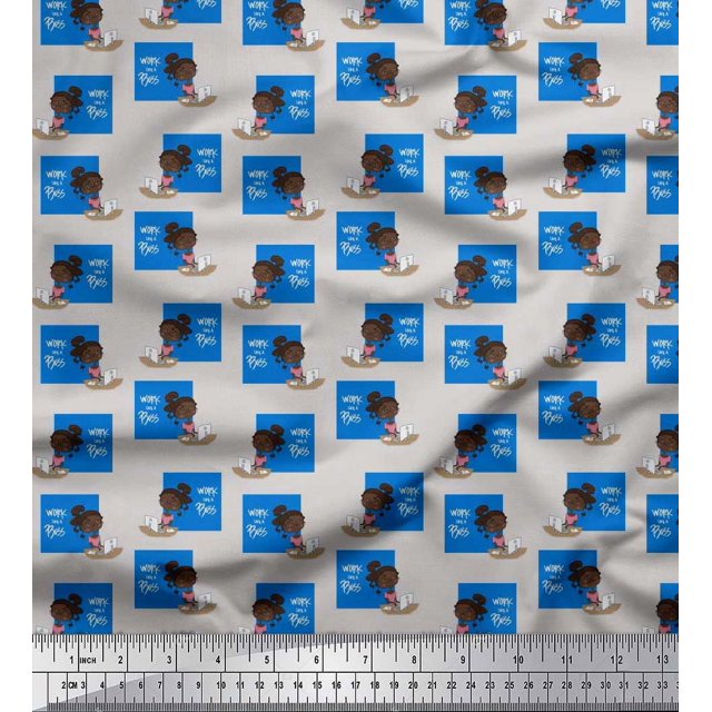 Soimoi Blue Rayon Fabric Monitor & Bossy Girl Print Fabric by Yard 42 Inch Wide