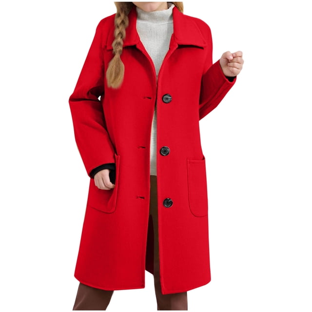 Children's Wool Trench Overcoat Breasted Lapel, Pea Coat, Long Sleeve, MidLong, with Pockets