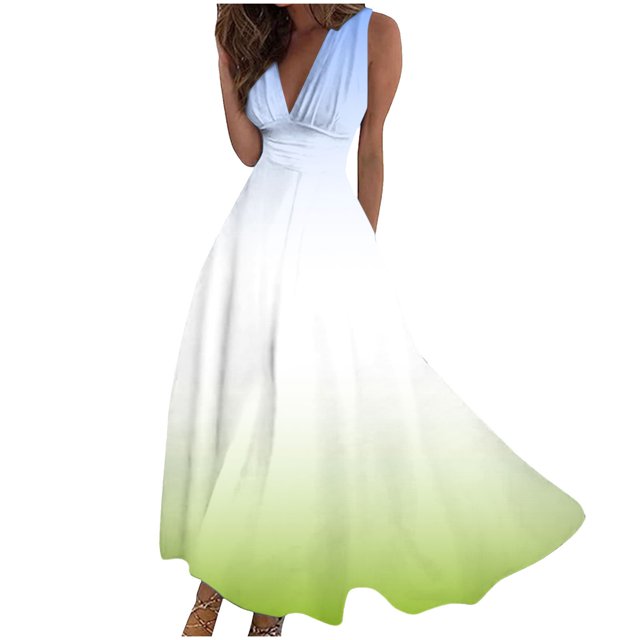Yuyuzo Robes de Plage pour Femmes 2025 Décolleté en V Profond Sans Manches Robes Longues de Fête Fluides Boho Vacances Robe Maxi