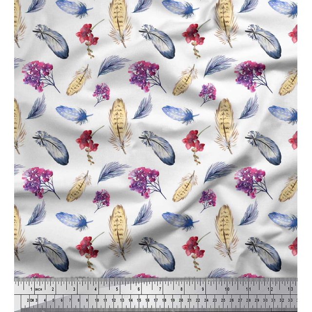Soimoi White Moss Georgette Fabric Feather & Floral Print Fabric by Yard 42 Inch Wide