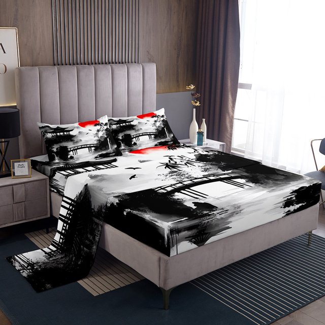 Erosebridal Chinese Ink Sheet Set Full, Mountain Tree Bedding Sets Full Size, Lake House Decor 4pcs