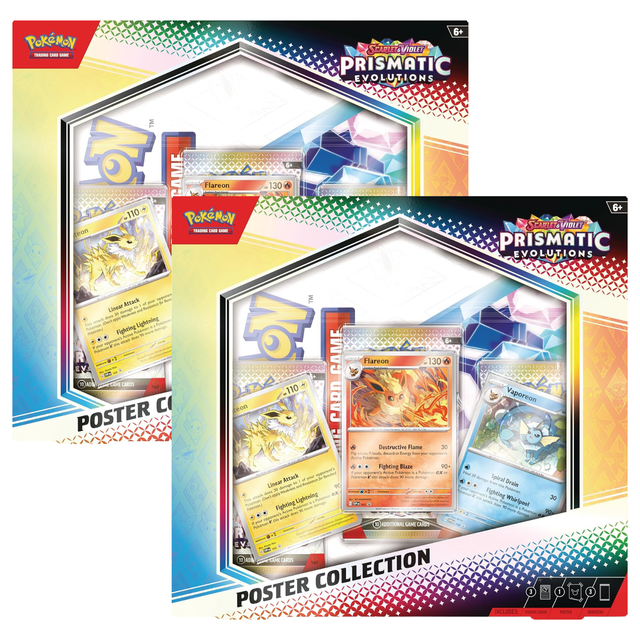 Pokemon SV8.5 Scarlet and Violet Prismatic Evolutions Poster Collection (2-Pack) featuring two sets of collectible items. Each set includes three foil promo cards of Flareon, Vaporeon, and Jolteon, a poster showcasing 27 card illustrations of Eevee and its evolutions, and three booster packs from the Prismatic Evolutions expansion. The packaging displays vibrant multicolour artwork with the Pokémon logo and series branding.