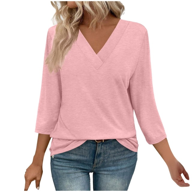 Plebaso Chemises à Manches 3/4 pour Femmes, Col en V, Tuniques Décontractées, Hauts Unis, Blouses Amples pour Dames