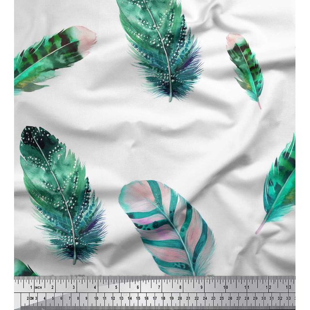 Soimoi Green Rayon Fabric Artistic Feather Decor Fabric Printed Yard 42 Inch Wide
