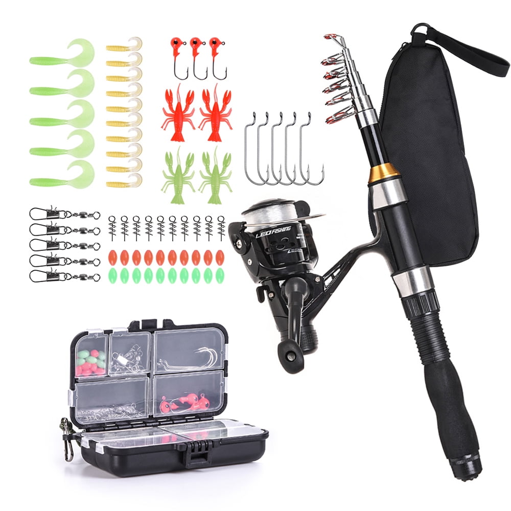 Fishing Rod Reel Combo Full Kit 1.5m Telescopic Fishing Rod Spinning Reel Set with Hooks Soft Lures Barrel Swivels Storage Bag