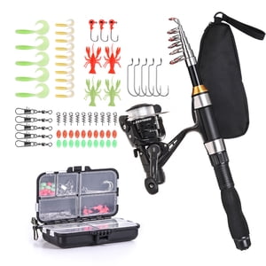 Fishing Rod Reel Combo Full Kit 1.5m Telescopic Fishing Rod Spinning Reel Set with Hooks Soft Lures Barrel Swivels Storage Bag