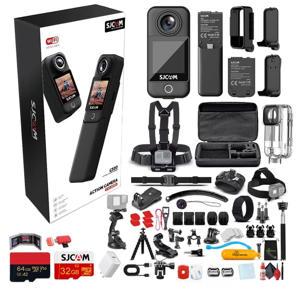 SJCAM C300 Caméra d'Action 4K à Double Écran Tactile / Caméra de Vlogue Ultra HD Compacte avec Écrans avant et Arrière / Mini Caméra Étanche (C300B) + Trousse d'Action 50-en-1 + Carte 64 Go + Adaptateur USB-C + Plus
