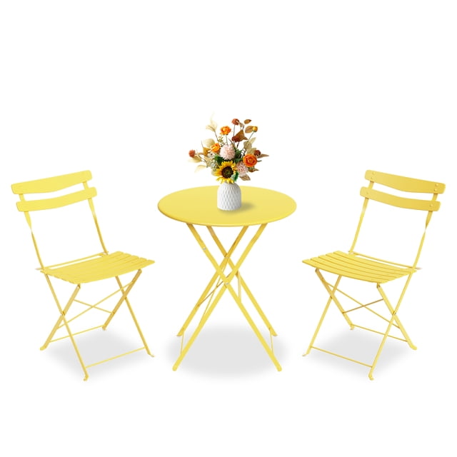 Gaderth Ensemble Bistro Pliant de Patio 3 Pcs, Table Bistro Extérieure en Métal et Chaises avec Table Ronde, Mobilier de Patio Compact pour Balcon, Véranda, Terrasse, Jardin, Appartement et Petits Espaces