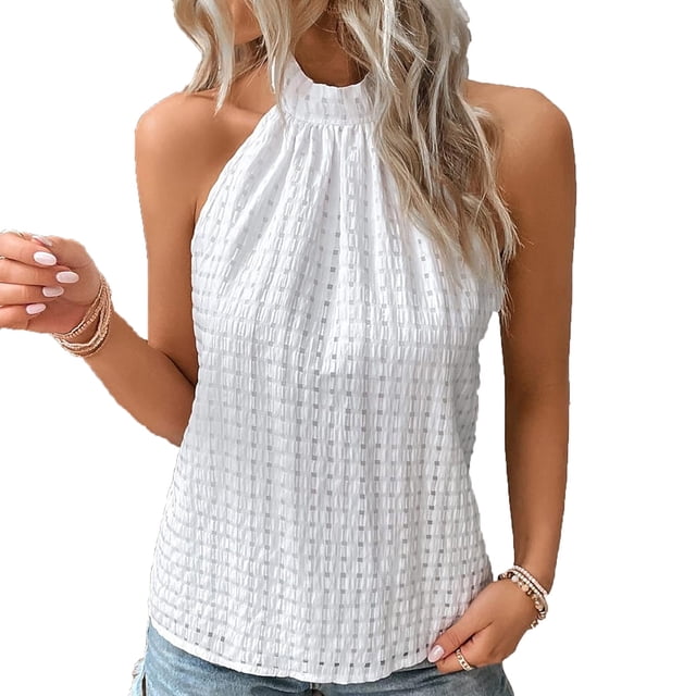 Haut Sans Manches pour Femmes, Design à Encolure Suspendue Semi-Transparente, Polyester Uni, Tenue Décontractée d'Été Légère, Tenue Quotidienne Respirante, Blanc G