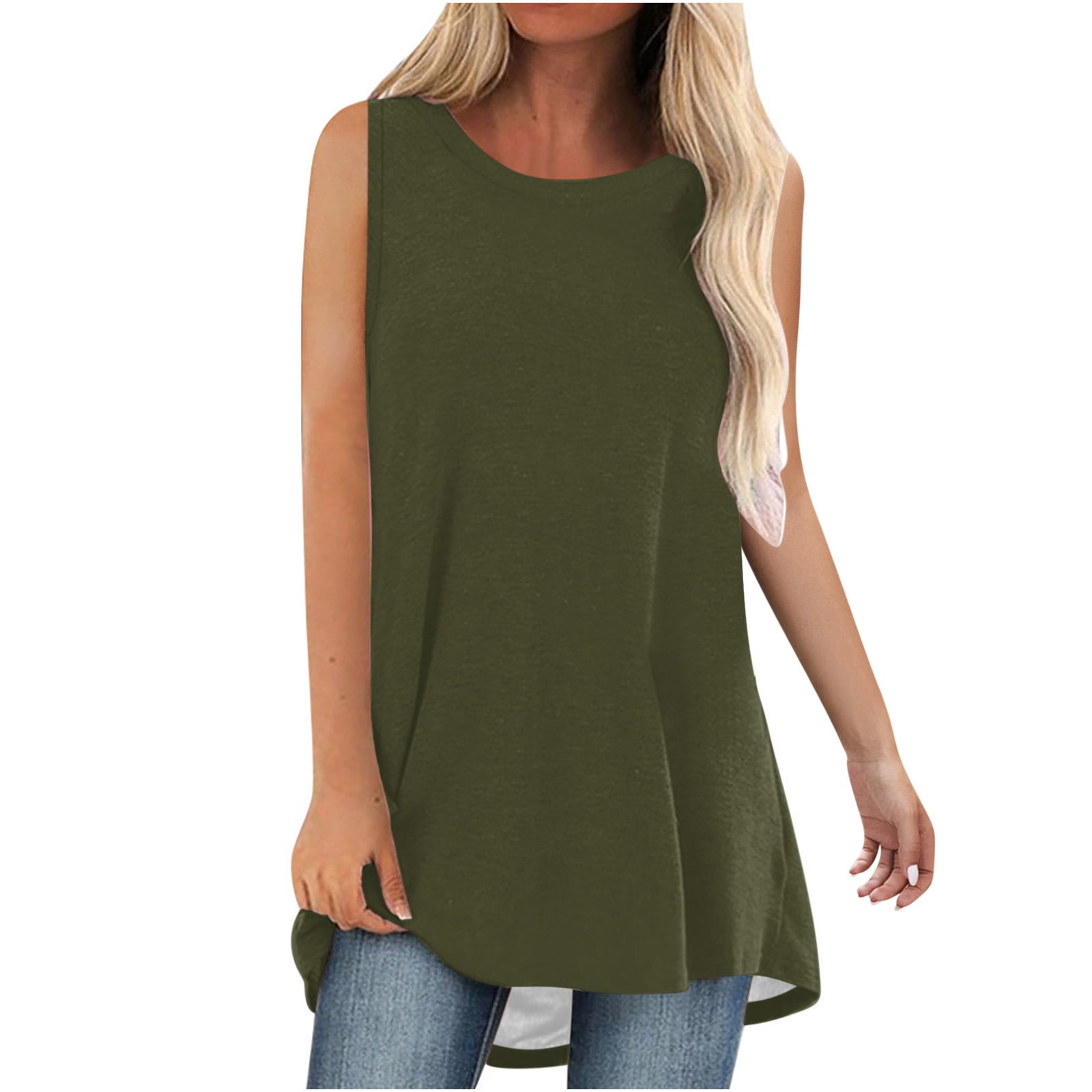 Timegard Débardeurs Longs pour Femmes Col Rond Sans Manches Couleur Unie Décontracté Ample Haut T-Shirts Basiques Blouse