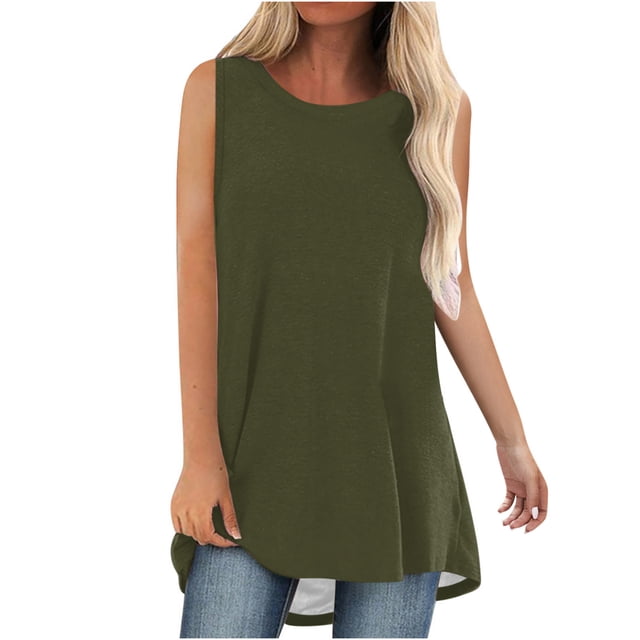 Timegard Womens Long Tank Tops Round Neck Sleeveless Solid Color Casual Loose Top Basic Tshirts Blouse