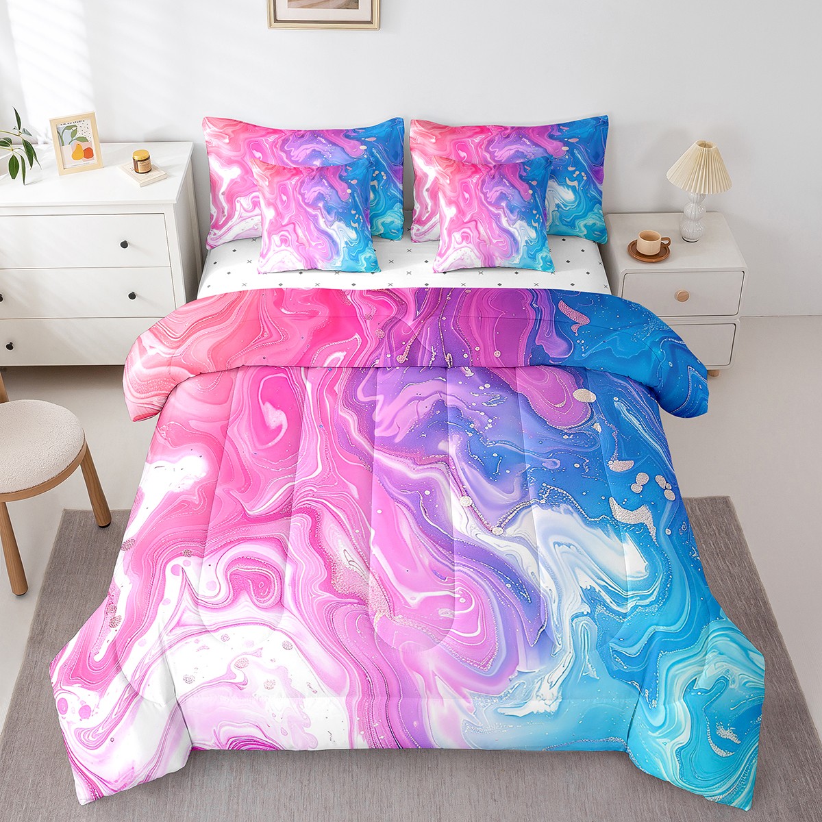 YST Ensemble de Douillette en Marbre Coloré 7 Pcs, Literie Contemporaine Abstraite, Format Grand Lit