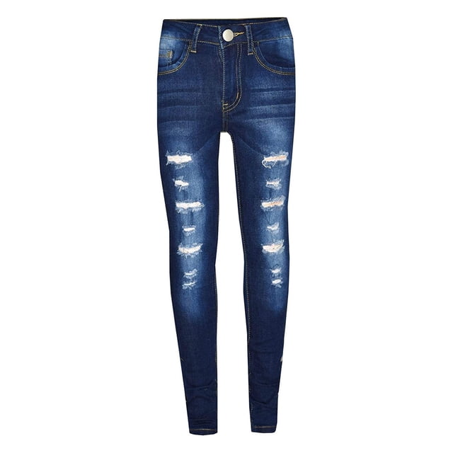 3-13 Years Old Children's Fashion Tight Hole Pocket Button Zipper Long Jeans in dark blue denim with a ripped design. Ideal for girls, these skinny-fit jeans feature a button and zipper closure, two front pockets, and two back pockets. Made from polyester with a casual style, suitable for everyday wear.