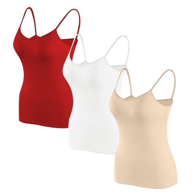 Timegard Camisoles pour Femmes 3 Pcs avec Soutien-Gorge Intégré Col Rond Bretelles Spaghetti Ajustées Douces Maillots de Corps Décontractés Hauts de Pyjama