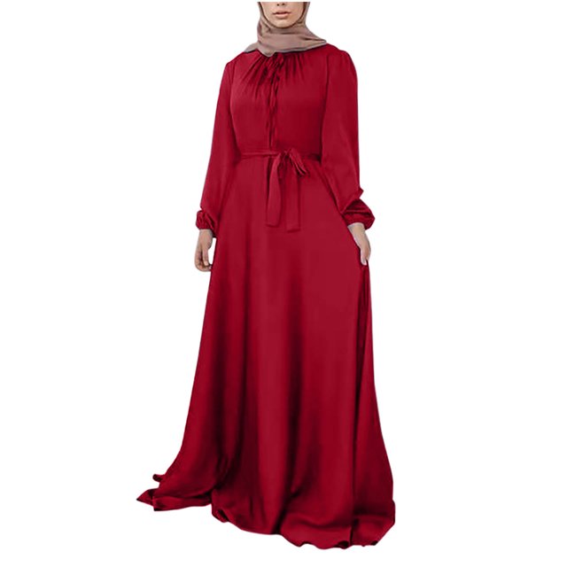 Robe de Prière Abaya Kaftan pour Femmes, Satin Uni, Col Rond, Manches Longues, Taille Portefeuille, Robe Maxi