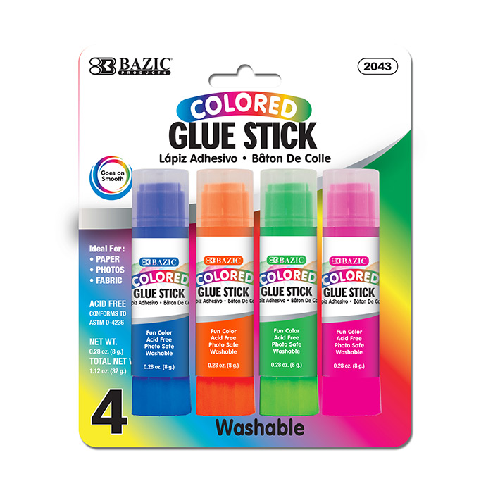 Bangkit BAZIC Glue Stick, Washable Colored, 8g / 0.28 Oz, 4 Count, 4 Pack