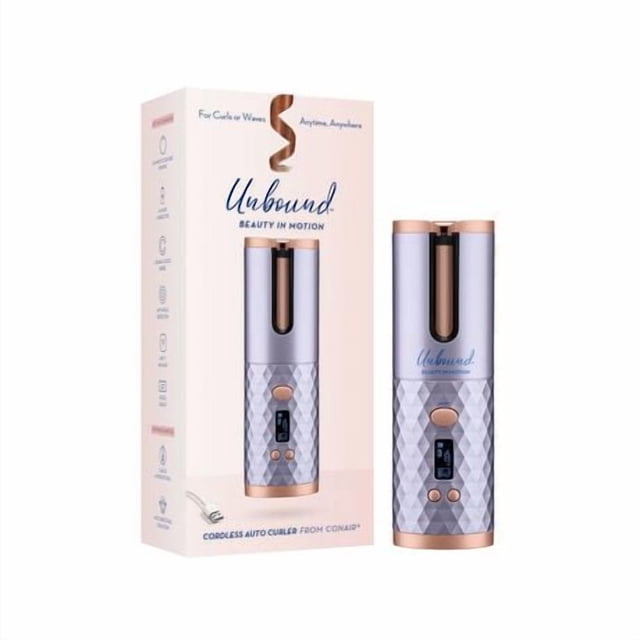 Conair Unbound Fer à Friser Automatique Sans Fil Couleur Lavande avec accents Or rose et Prise à Texture Diamant, Doté d'Un Écran LCD et de Boutons de Commande pour des Réglages de Chaleur et de Minuterie Ajustables, Montré à Côté de Son Emballage Mettant en Valeur Sans Fil, Conception rechargeable pour Boucler et Onduler les Cheveux de Façon Polyvalente.