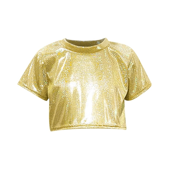 Children's Performance Outfit Sequined Short Sleeved T-shirt With Exposed Waist And Navel Round Neck Elastic