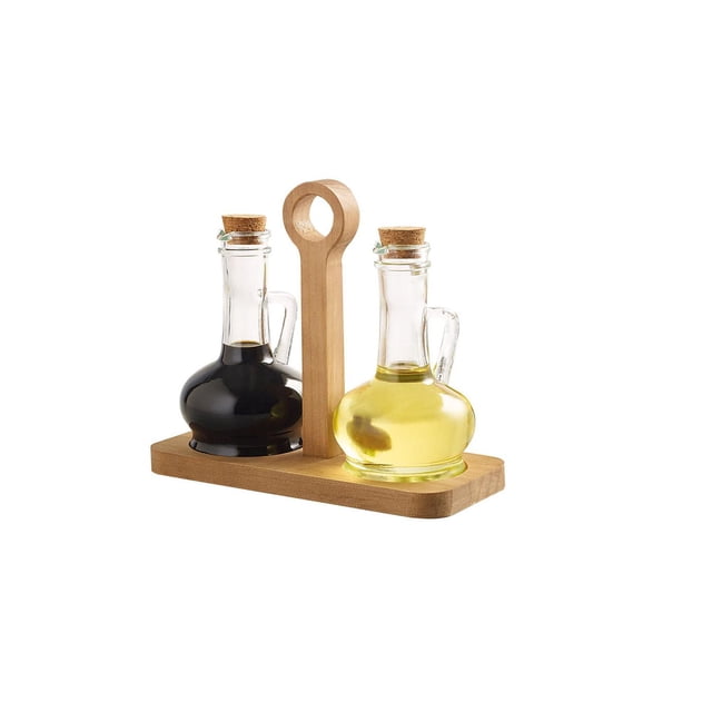2PC Oil & Vinegar Set With Wood Tray with two clear glass bottles featuring cork stoppers and handles, one filled with dark vinegar and the other with light oil, resting on a rectangular vintage wood tray with a central loop handle for easy carrying, suitable for dining table use and often used as a stylish condiment holder.