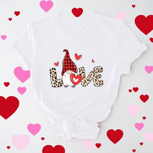 Meichang T-Shirt de la Saint-Valentin pour Femmes, Mignon T-Shirt à Imprimé Cœur, Manches Courtes, Col Rond, Hauts Mignons, Coupe Ample, T-Shirts de Fête, Saint-Valentin