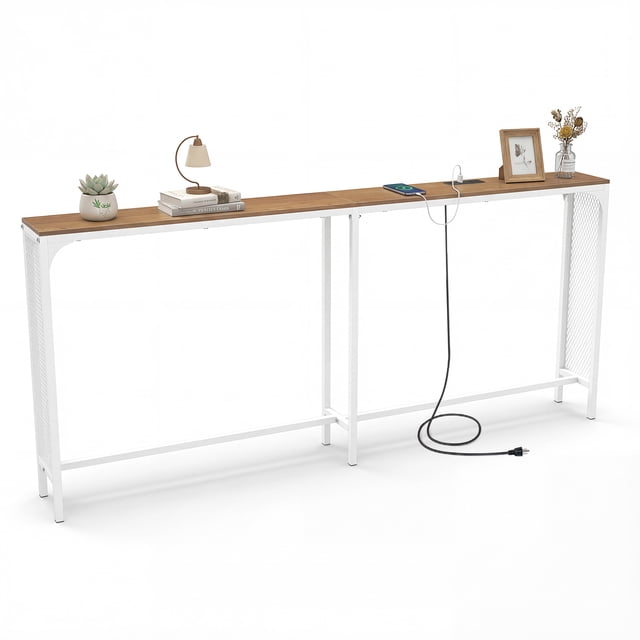 Gymax 71'' Console Table w/Power Outlet Metal Frame for Hallway Foyer Living Room Natural & White