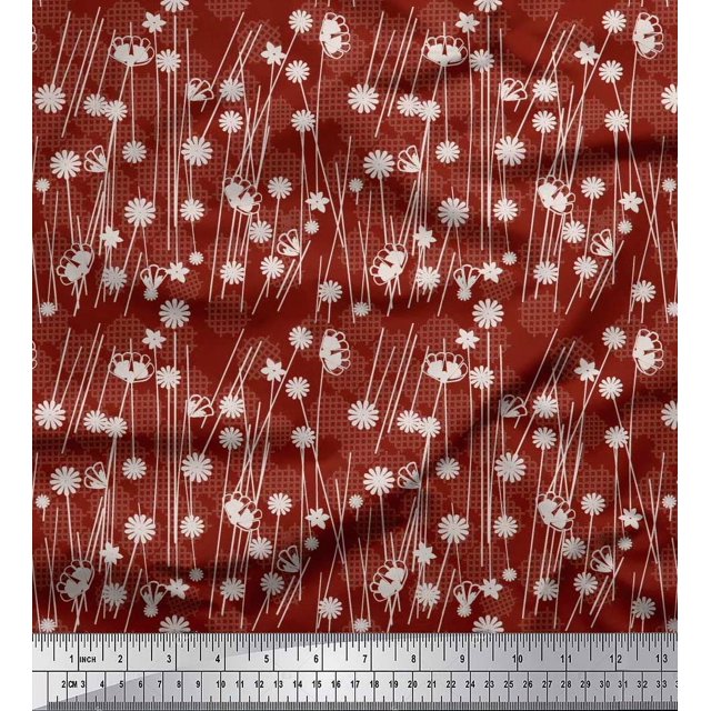 Soimoi Poly Georgette Fabric Geometrical Check & Aster Floral Decor Fabric Printed Yard 42 Inch Wide